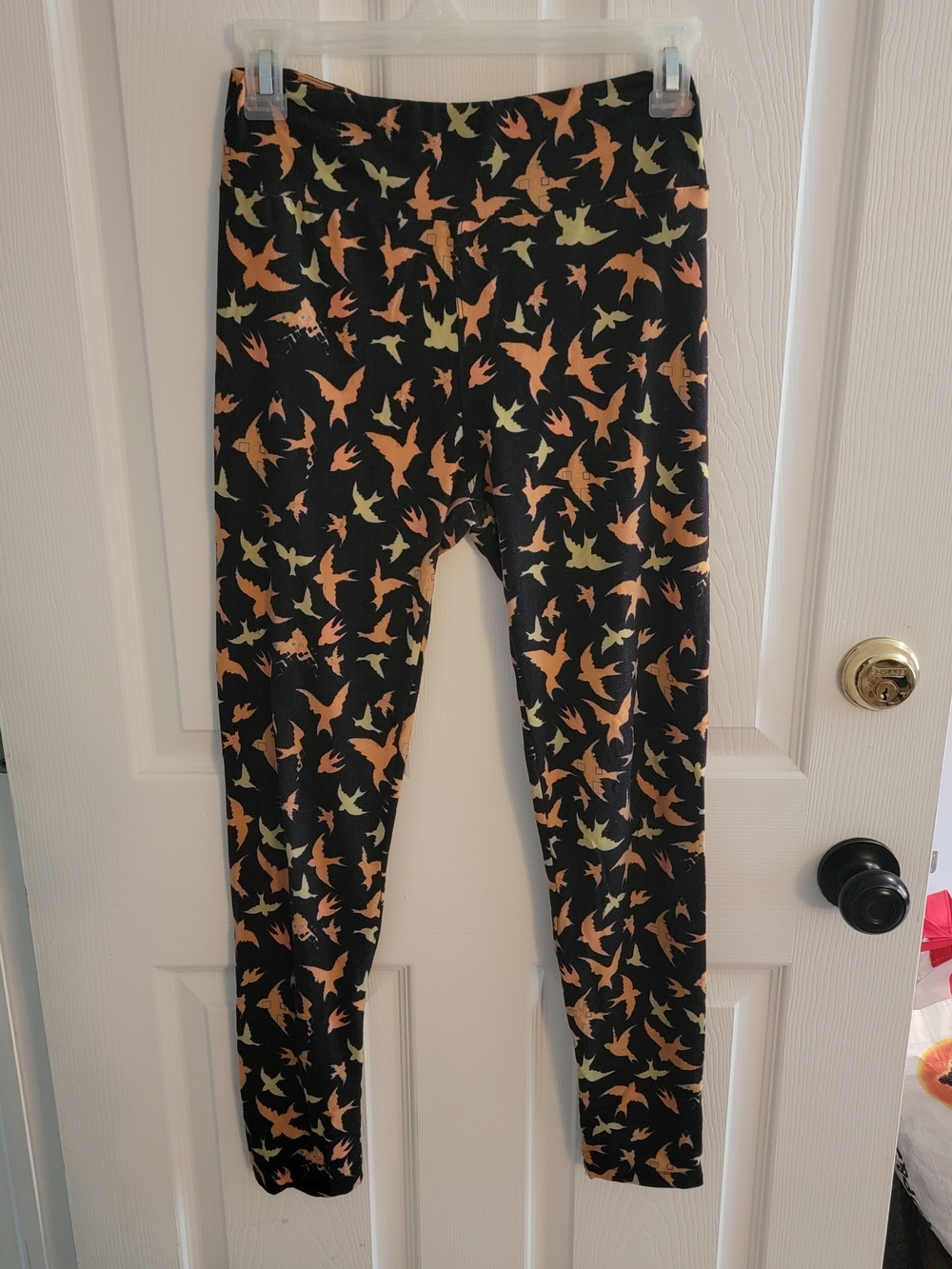 LuLaRoe Black Leggings with Orange & Yellow Bird Print